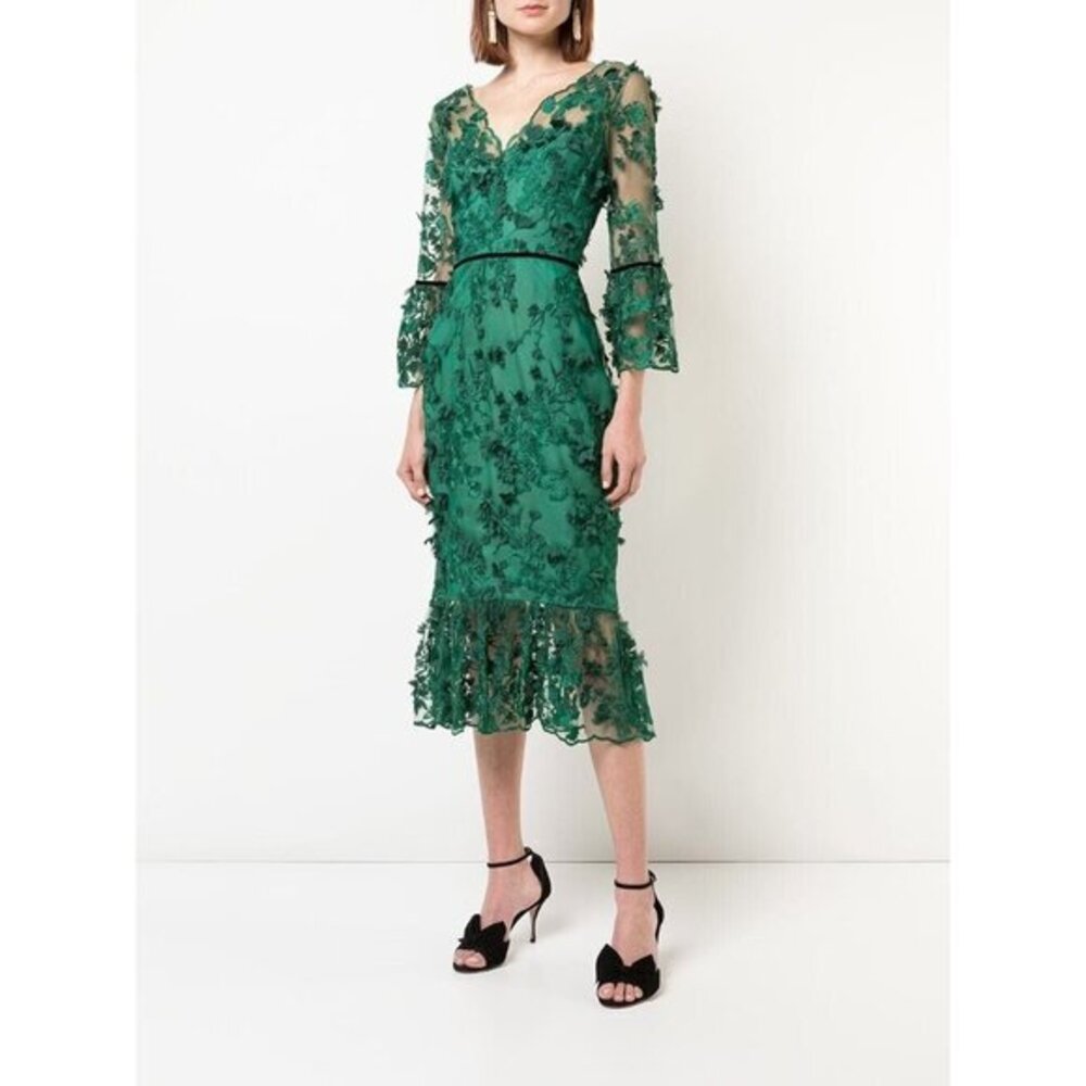 Marchesa Notte Green Embroidered Tea Length Fit Flare Flower Dress Sz 2